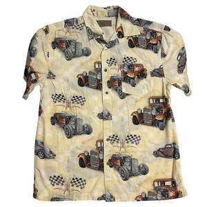 Clearwater Outfitters Men Button Up Shirt M Yellow Graphic Print Hot Rod Cars